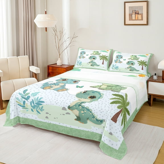 Manfei Cartoon Green Dinosaur Twin Sheet Sets, Leaf Plant Botanical Twin Fitted Sheet, Teens Kids Boys Girls Flat Sheet, Breathable Home Decor, 3 Pieces