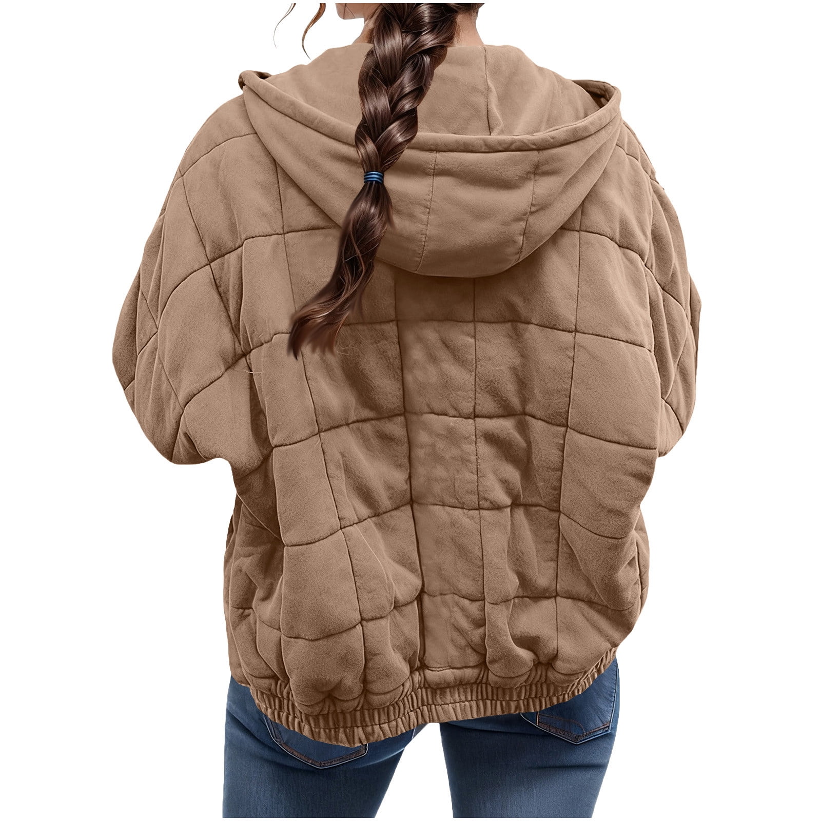 Womens Hooded Quilted Jacket with Pockets Cotton Puffer Winter Coat Full Zip Loose Long Sleeve Warm Outerwear (L, Khaki)