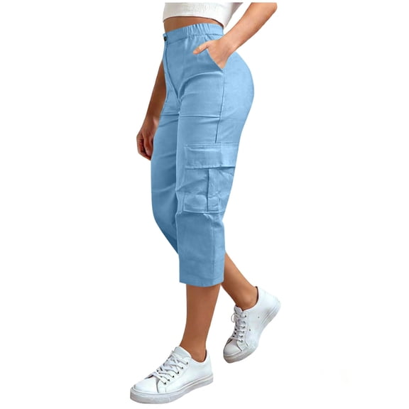 GUACER Capri Pants for Women Casual Elastic Waisted Solid Color with Pockets Loose Hiking Cargo Pants