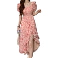 thumbnail image 1 of Vestido de verano para mujer, con escote cuadrado, manga corta abullonada, color liso, cintura alta, informal, holgado, estilo A, vestido de verano para mujer, falda con mangas abullonadas, 1 of 5