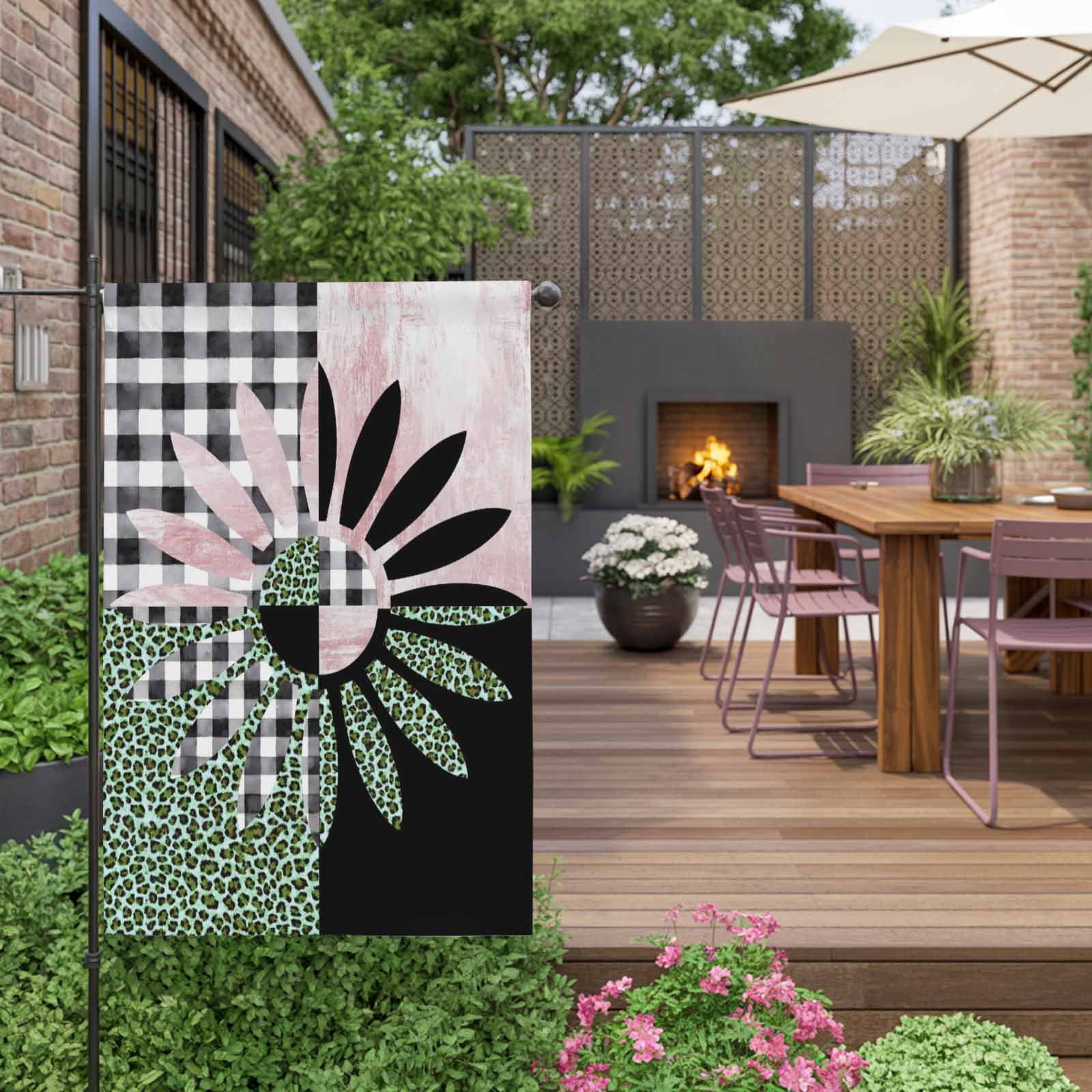 Daisy House Flag 28 x 40 Inches, Black White Buffalo Check Leopard Black Pink Weather Proof Outdoor Patio Flags Double Sided Small House Decoration for Yard Lawn Outside Home