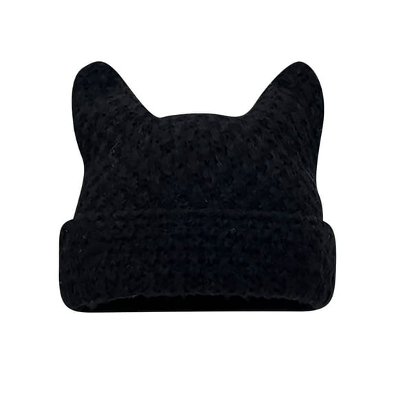 Tao Tao Women Striped Beanie Hat With Little Devil Horn Winter Warm Cap Cute Cat Ears Knitted Hat Fall Black Free Size