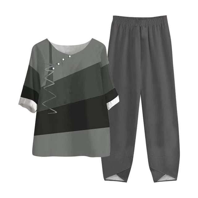 Mikilon Ensemble Élégant pour Femmes 2 Pcs Coton Lin Imprimé Manches 5/10 Col Rond + Pantalon Décontracté Ensemble Deux Pièces Mode et Confortable Manches Courtes Col Rond Ensemble Haut/chemise Gris m