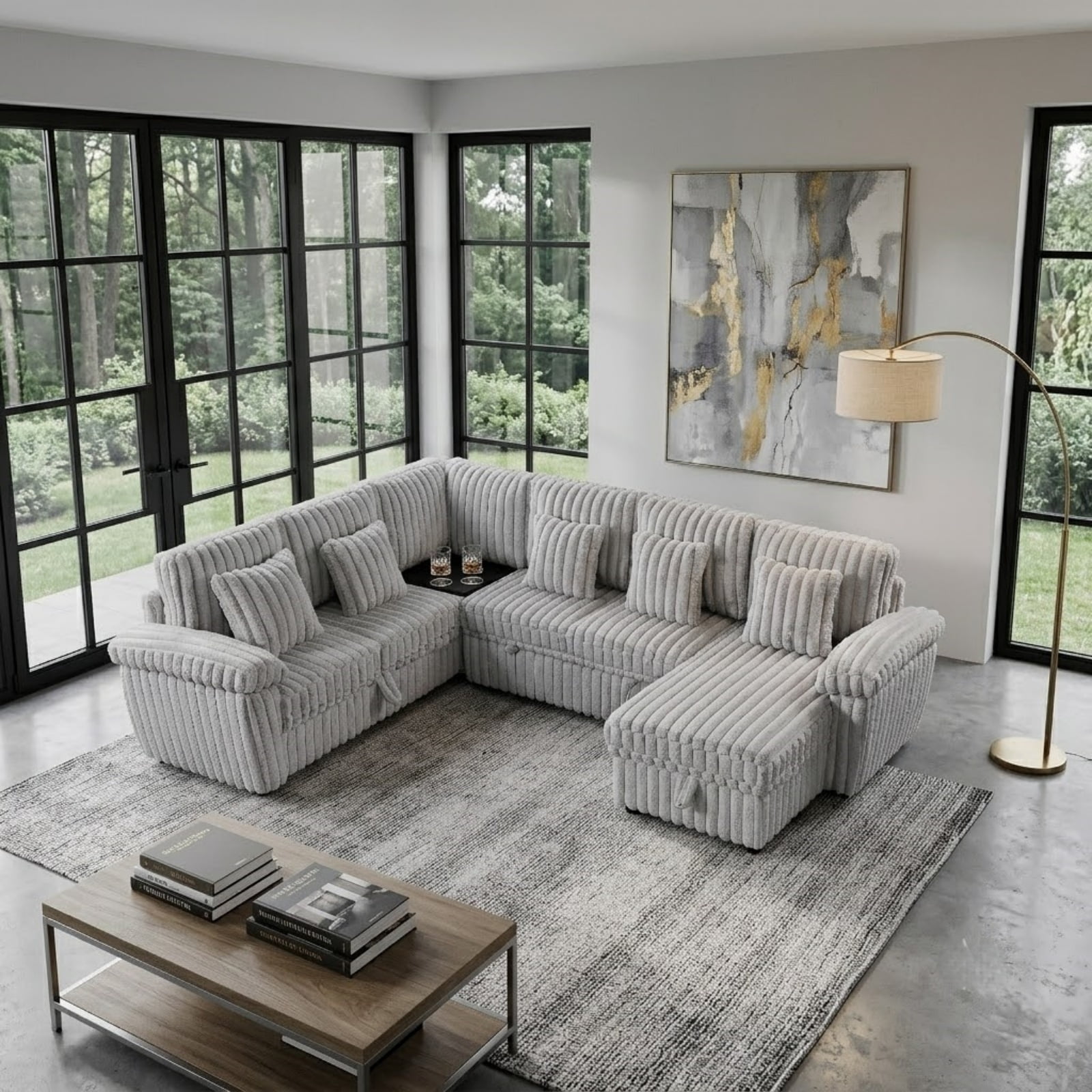 103" U-Shaped Corduroy Sectional Sofa with Pull-Out Sleeper Bed and Storage Chaise, Soft Plush Modular Sofa Couch with Corner Table with Cup Holders and USB Port for Living Room