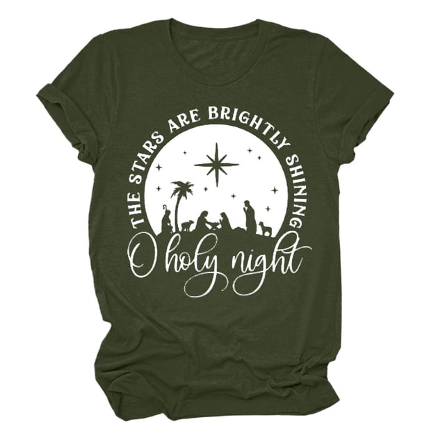Gibobby Camisas Para Mujer Elegantes Camiseta de manga corta con cuello redondo y estampado de para mujer O Holy Night(Verdinegro, L)