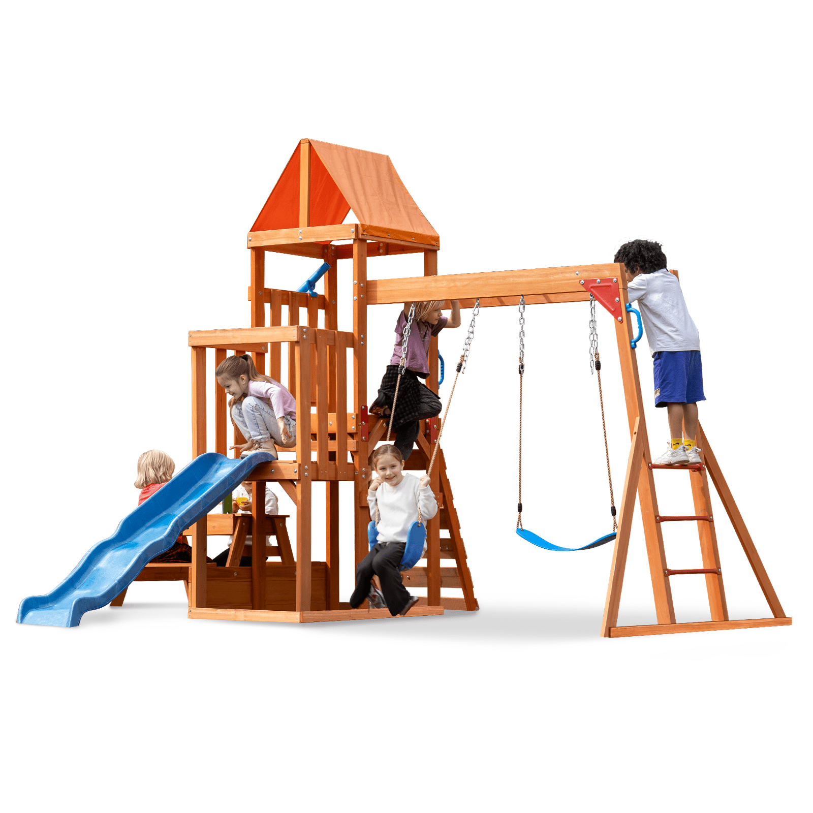 DOLPHIN PLAYGROUND Outdoor Wooden Playset with Monkey Bars, Wave Slide, Climbing Wall, Picnic/Sand Table