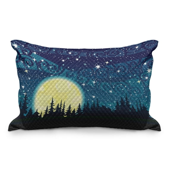 Starry Night Quilted Pillowcover, Full Moon over theest Sky with Stars Dots and Swirls Background, Standard King Size Accent Pillow Cover Bedroom, 36" x 20", Dark Blue Cream Black, by Ambesonne