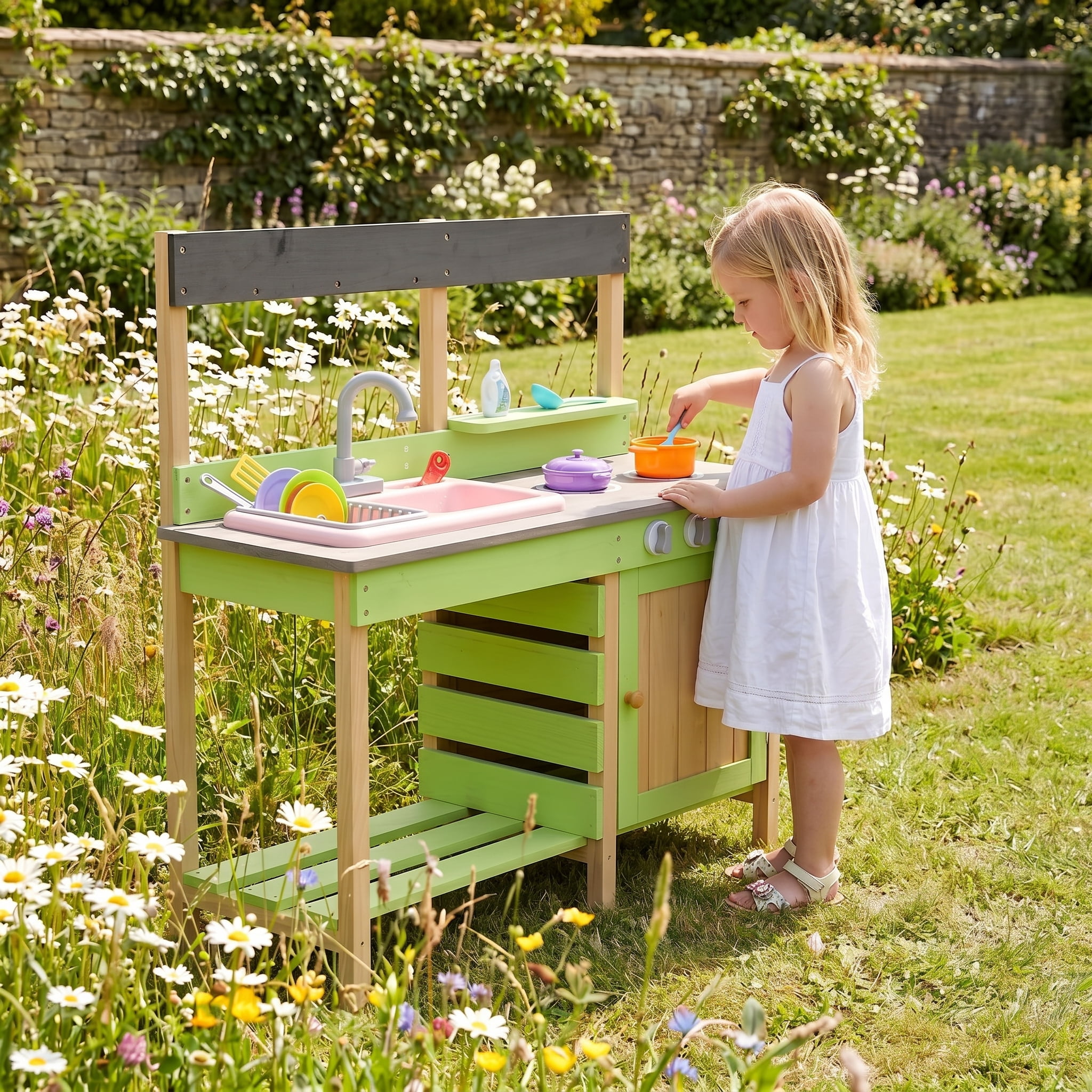 Wooden Kids Play Kitchen, Outdoor Mud Kitchen with Water Play Set and Cooking Toys, Storage Cabinet & Drawer, Pretend Role Play Gift for Boys Girls Ages 3-8
