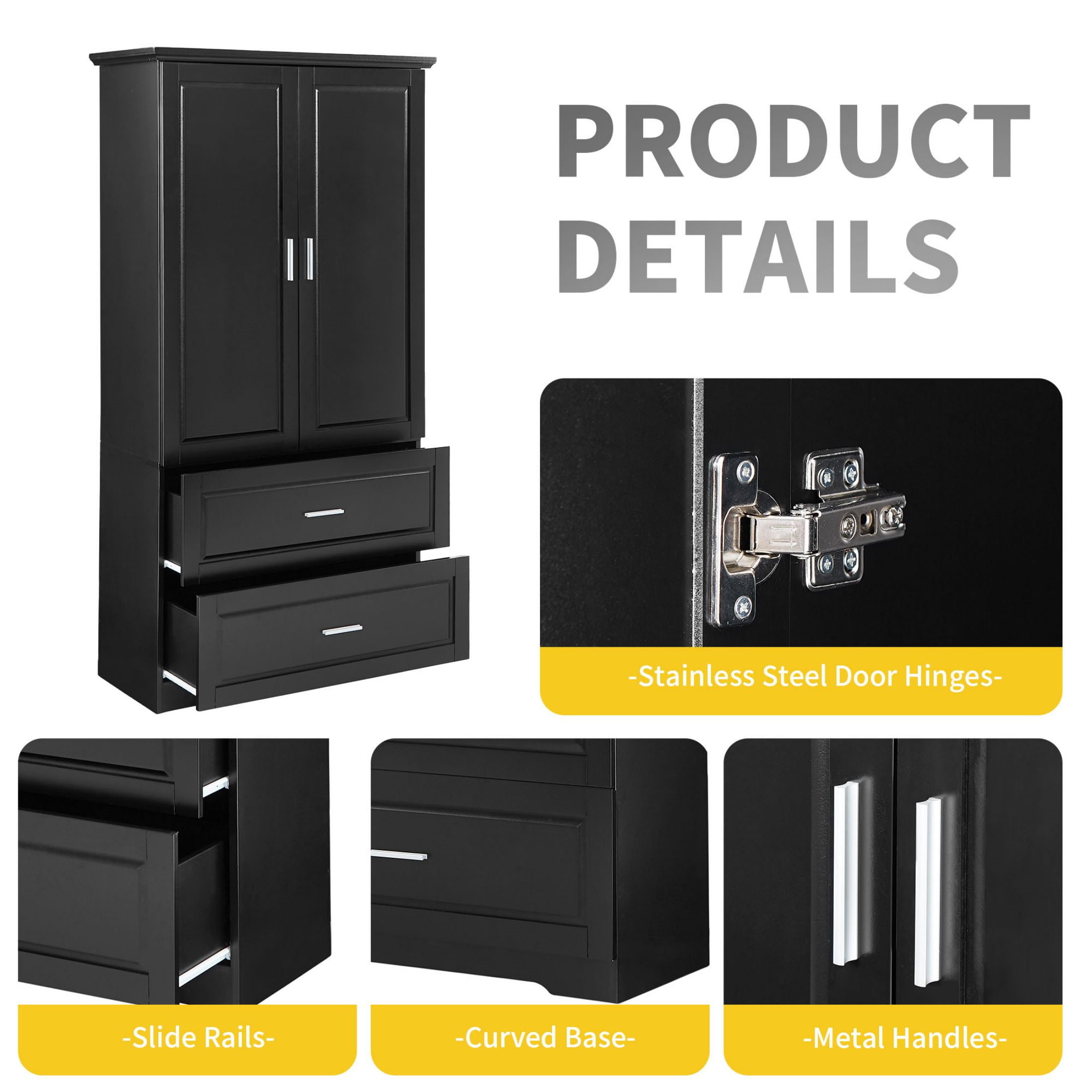 DEALTOPS Tall Spacious Storage Cabinet with 2 Drawers and Adjustable Shelf for Bathroom, Living Room, Black
