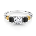 thumbnail image 2 of Gem Stone King 925 Silver and 10K Yellow Gold White Moissanite and Black Onyx and Diamond 3-Stone Ring for Women (1.69 Cttw, Gemstone Birthstone, Cushion 6MM and 4MM, Size 9), 2 of 3