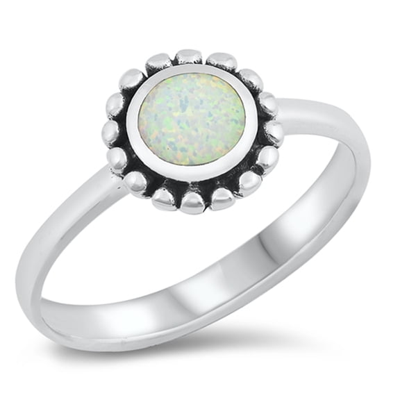 CHOOSE YOUR COLOR White Simulated Opal Bali Bead Sun Flower Ring .925 Sterling Silver CZ Female Size 5