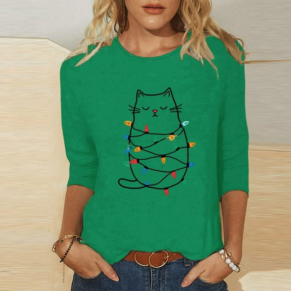 Mifsaly Christmas Shirts for Women 2025 Holiday Plus Size 3/4 Sleeve T-Shirts Cute Print Xmas Thanksgiving Loose Blouse Holiday Party Festival Pullover Tops