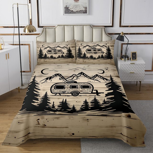Erosebridal Ensembles de Couvre-Lits de Camping Heureux Taille Simple, Ensemble de Lit pour Véhicule Récréatif, Beige Noir, 2 Pcs