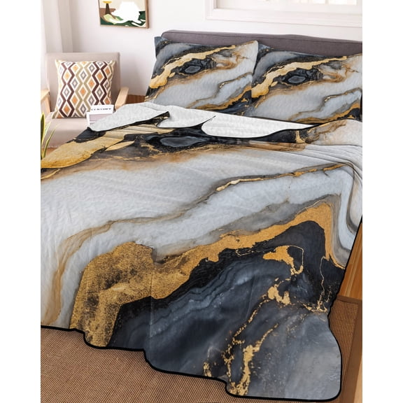 Black Golden Marble Full Size Down Alternative Comforter, Lightweight Comforter Quilt Bedding Set with Pillow Shams Modern Ink Painted Abstract All Seasons Bed Comforter Duvet Insert 78"x90"