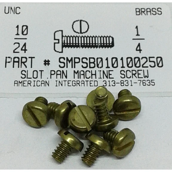 #10-24X1/4 Pan Head Slotted Machine Screws Solid Brass (20)