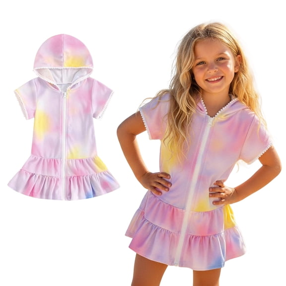 Toddler Bathing Suit Cover Up Zipper Hooded Tie Dye Towel Cover Up Girls Towel Dress Swim Suits for 3-4 Years Old Girls