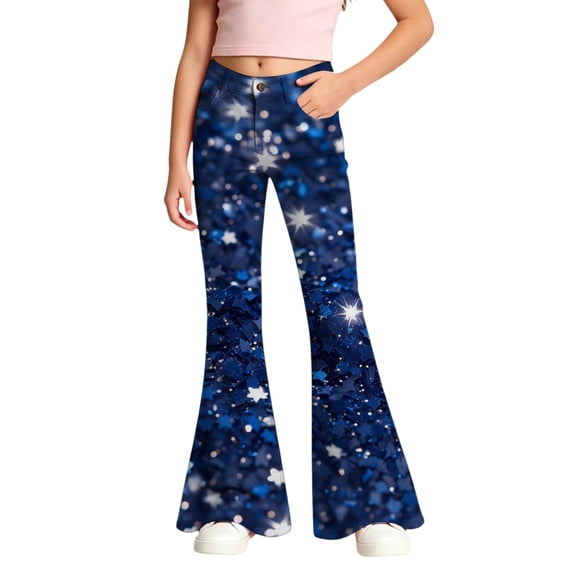 Girls Sequin Flared Pants, 3D All-Over Print Sparkly Bell-Bottoms with Zipper for Party 5-16Years