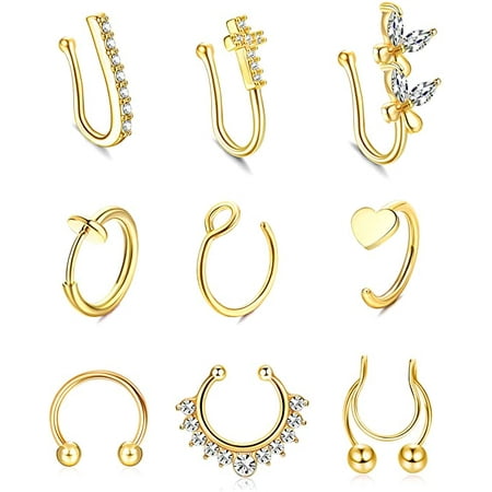 FIBO STEEL 16/20G Fake Nose Rings Stainless Steel CZ Inlaid Clip on ...