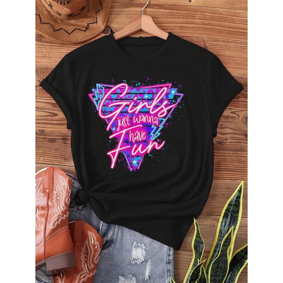 SHESIINN Women‘s Retro 80s Neon “Just Wanna Have Fun” Geometric Print Short Sleeve Crew Neck Casual T-Shirt, Semi-Sheer Vintage Relaxed Fit for Spring Summer
