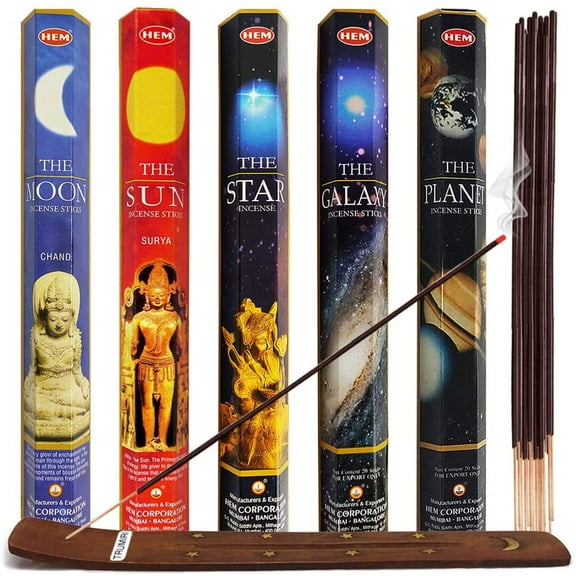 Hem Incense Sticks Variety Pack #1 And Incense Stick Holder Bundle With 5 Celestial Themed Fragrances