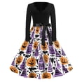 thumbnail image 2 of Women's Halloween Dress Bat Pumpkin Long Sleeve Cocktail Hepburn Cute Tea Length Dress V Neck 1950s Classic Fall Dress with Belt M, 2 of 5