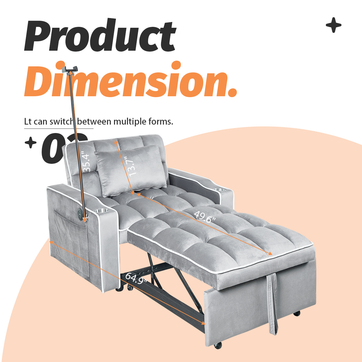 Gewnee 37.2''Convertible Sofa Bed with USB and Phone Holder,2 Cup Holders and 3 Adjustable Backrest,Suitable for Living Room,Apartment and Office.Light Grey