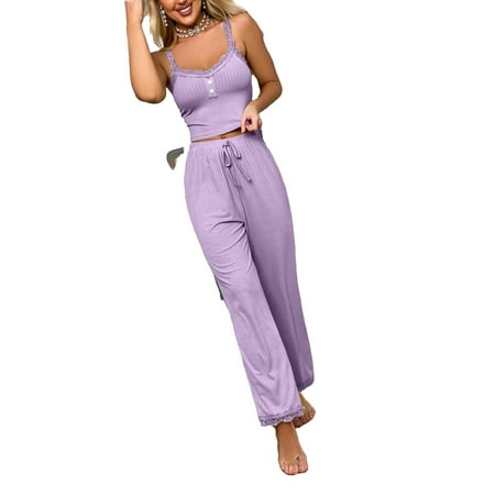 

2pcs Set Casual PJ Pant Sets Sleeveless Lilac Purple Women s Pajama Sets (Women s)