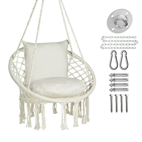 JoyView Macrame Hammock Chair with 2 Cushions and Hardware Kits,Cotton Rope Swing Chair for Indoor Outdoor Bedroom Patio Garden,Max 330lbs- Beige