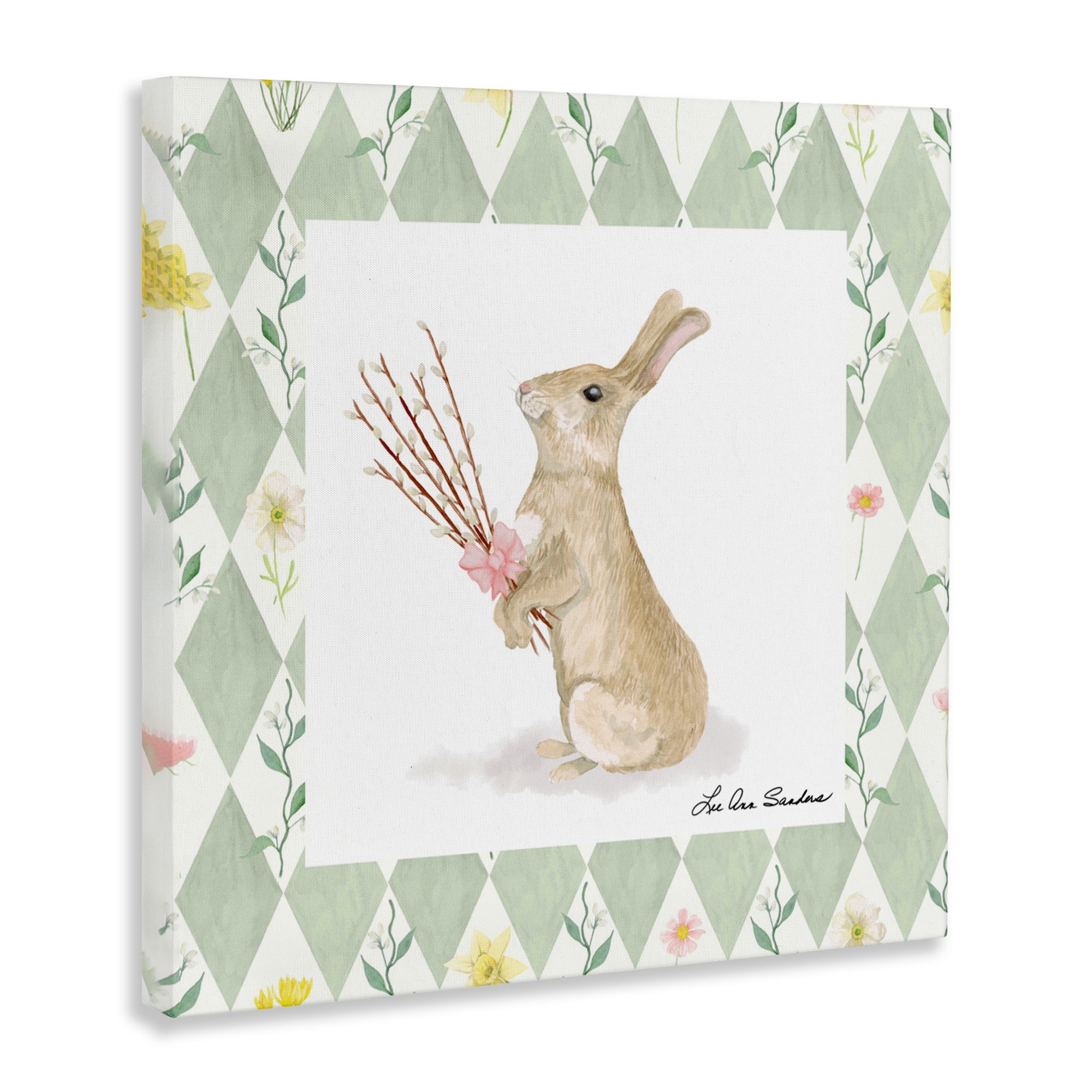 Bouquet Bunny on Green Argyle Canvas Wall Art, design by Lee Ann Sanders