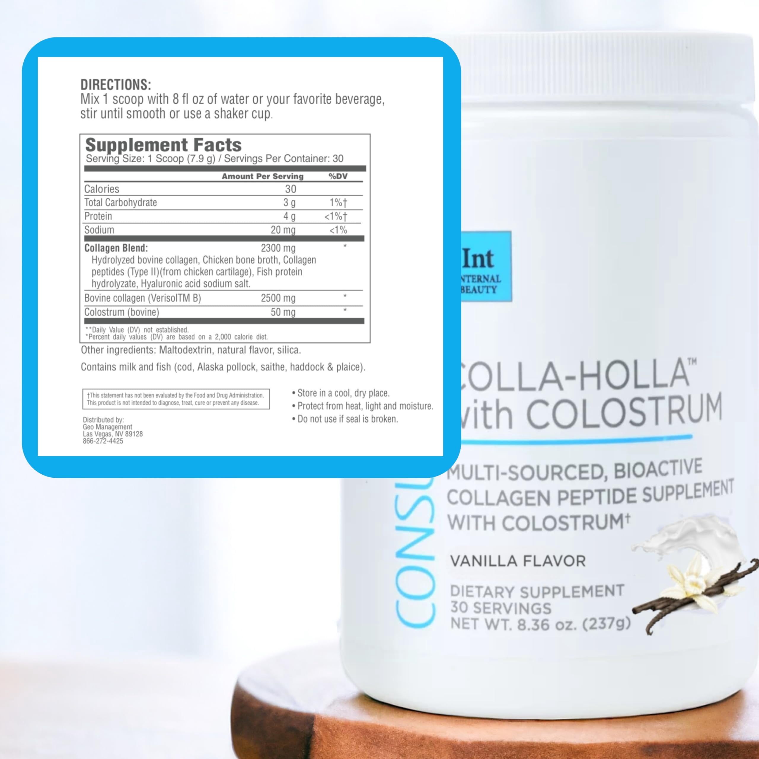 Consult Beaute Colla-Holla with Colostrum Vanilla Flavor Hydrolyzed Collagen Powder Supplement 8.36 oz