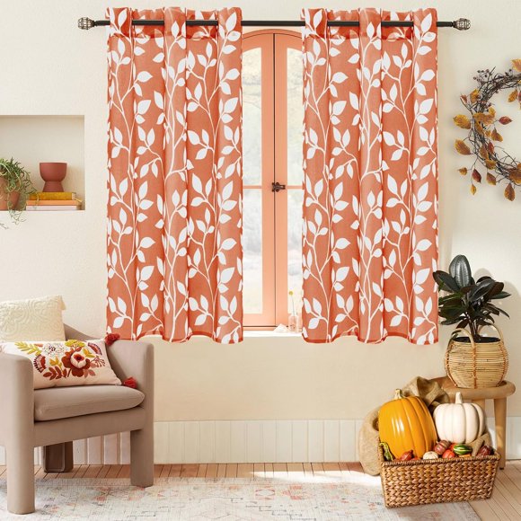 XTMYI Rideaux Courts Orange Brûlé pour Fenêtre de Salle de Bain et de Cuisine, Décor Citrouille Motif de Feuilles Blanches Rideau Floral d'Automne pour Chambre Salle à Manger Baies Vitrées Décorations Longueur 48 Pouces Ensemble de 2 Panneaux