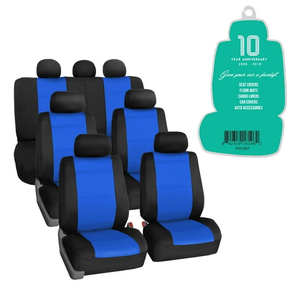 FH Group Neoprene 3 Row Car Seat Covers For SUV, Airbag Ready Split Bench 7 Seater, Blue Black with Free Air Freshener