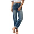 thumbnail image 3 of QIUOMBBP Women's Jeans High Waisted Straight Leg Stretchy Jeans Trendy Button Fly Straight Leg Denim Pants, Blue, L, 3 of 10