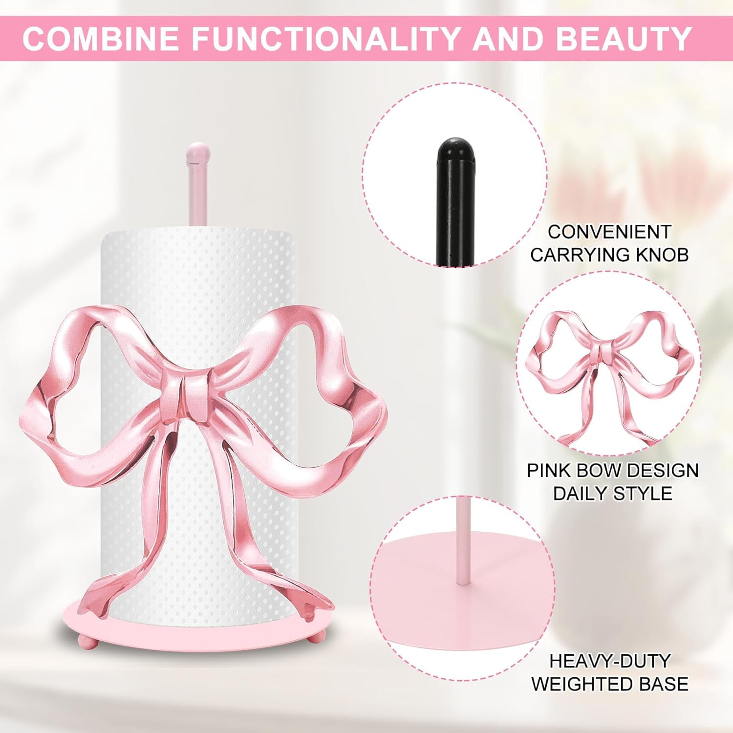 BAN Trendy Bow Paper Towel Holder Cute Pink Bow Knot Kitchen Decor Accessories Large Metal Towel Holder Stand for Coquette Home Party Bathroom Countertop