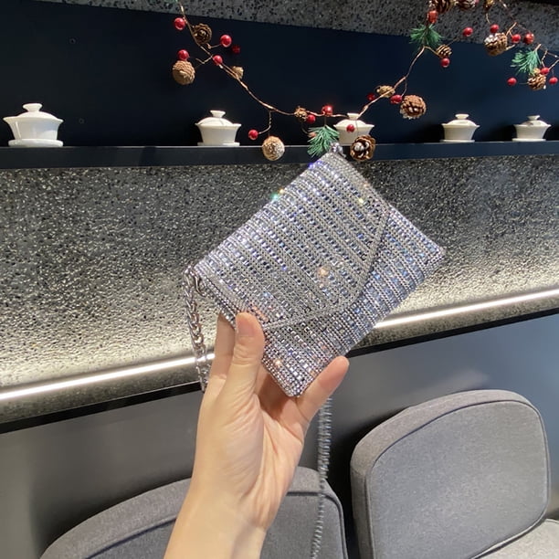 Bolso de noche con diamantes de imitación, tipo sobre, cruzados con cadena pequeña para mujer