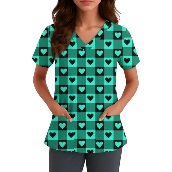 Cute Scrub Tops Stretchy Short Sleeve V Neck Cartoon Print Pattern Nursing Working Uniform Caregiver Top Green XXL