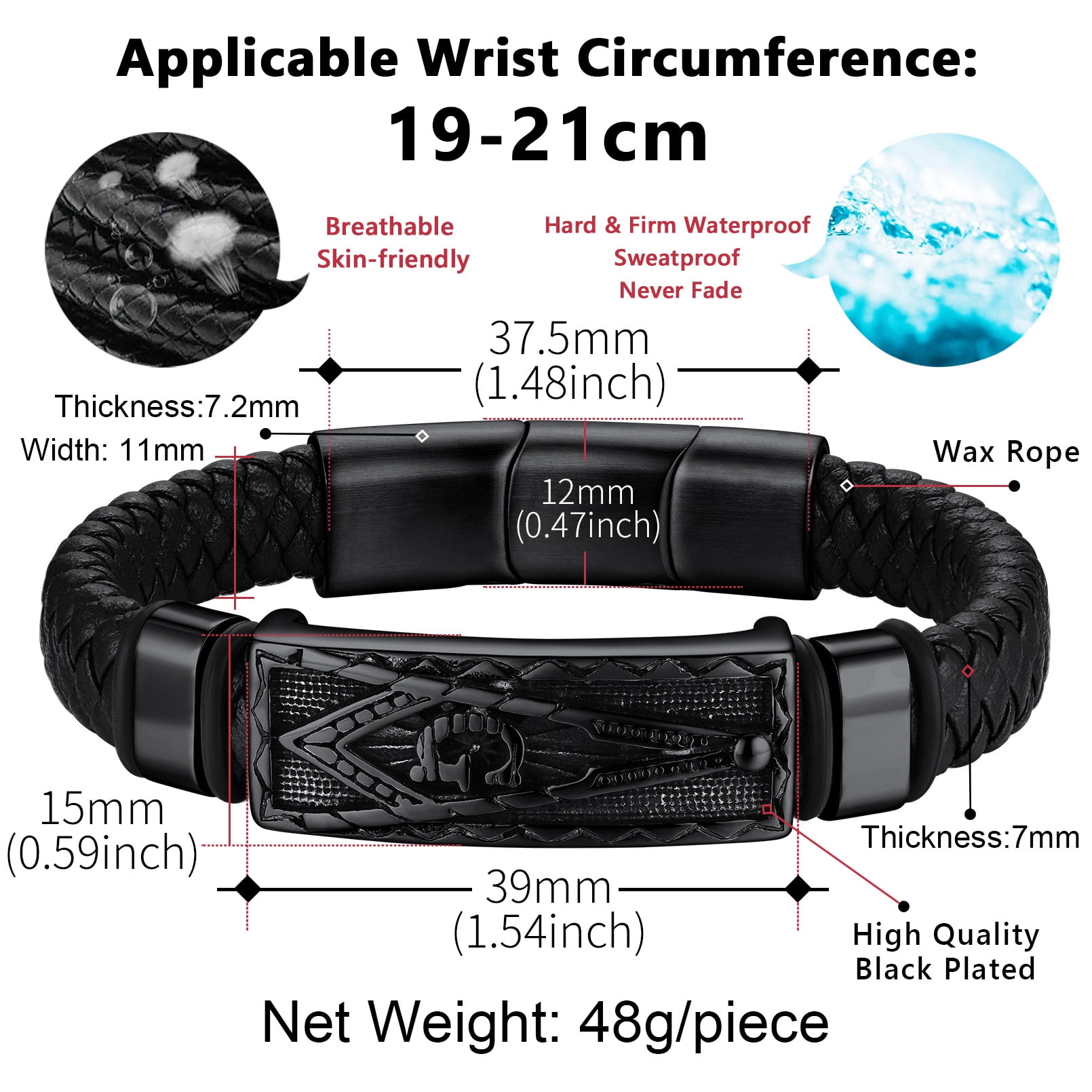 FaithHeart Black Leather Bracelet for Men Stainless Steel Thor's Hammer Bangles Braided Wristband Waterproof Punk Cuff Charm Bracelet Buckle Clasp Jewelry Gift for Boyfriend Husband Valentine's Day