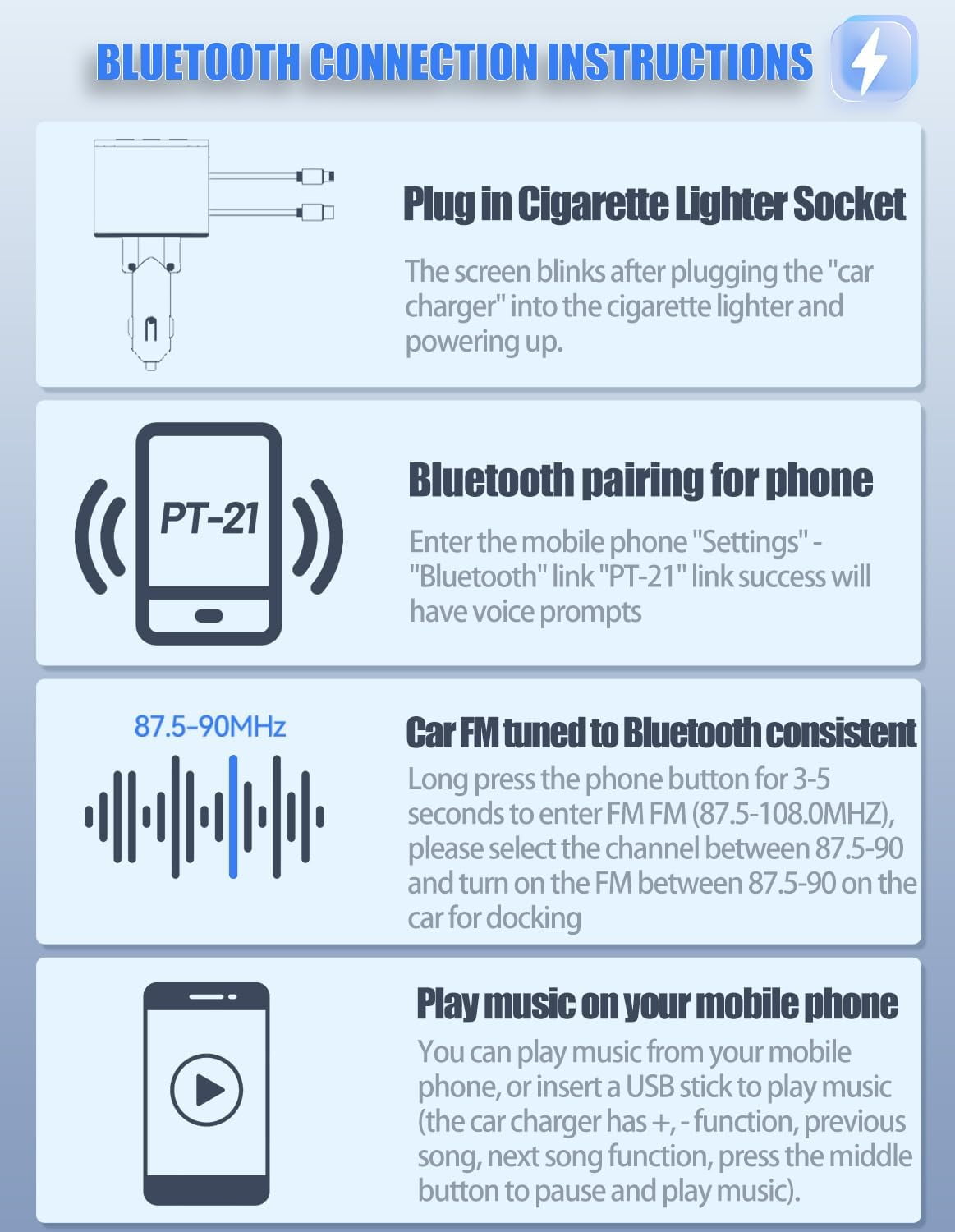 Retractable Car Charger with Bluetooth 5.0 FM Transmitter Adapter, 90W Fast Charging Dual Retractable Cords, Handsfree Call Car Charger for iPhone 16/15/14/13, MP3 Player Support USB Disk