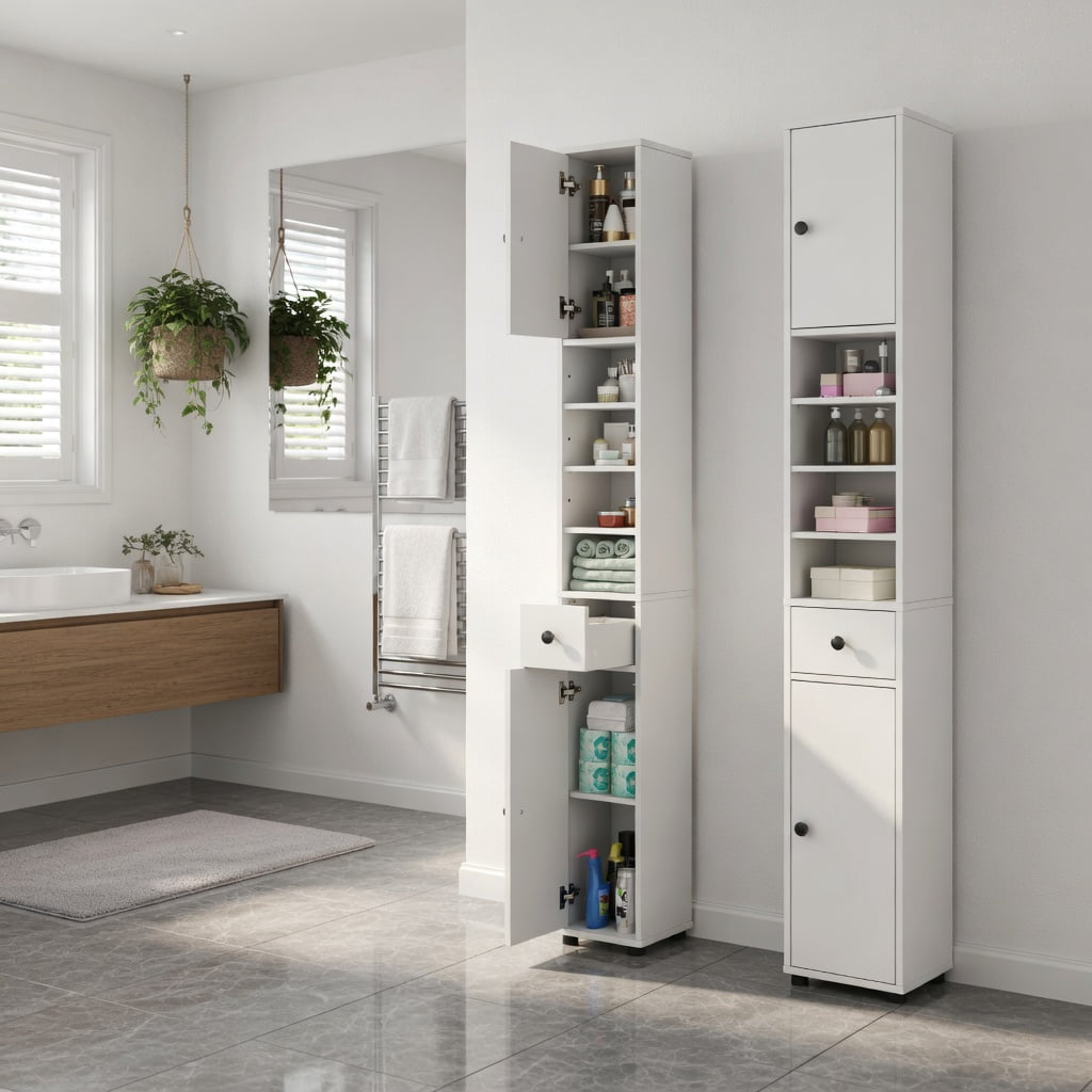 Demi Bonn Bathroom Storage Cabinet, Bathroom Floor Cabinet, Freestanding Slim Bathroom Cabinet with Drawer and Adjustable Shelves, for Bathroom, Living Room, Bedroom, Kitchen, White