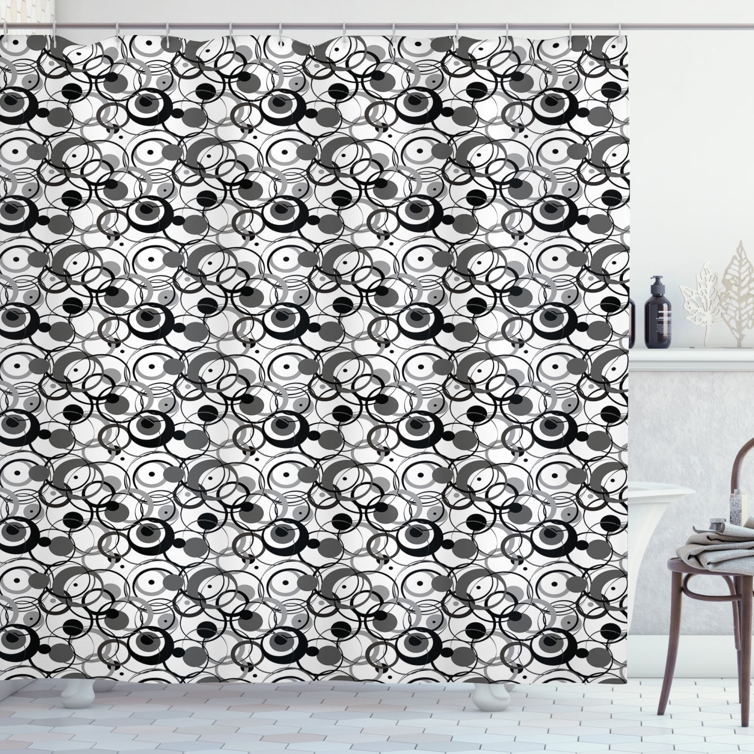 Abstract Shower Curtain Monochrome Circles Dots Surreal Expressionism Inspired Geometric Modern