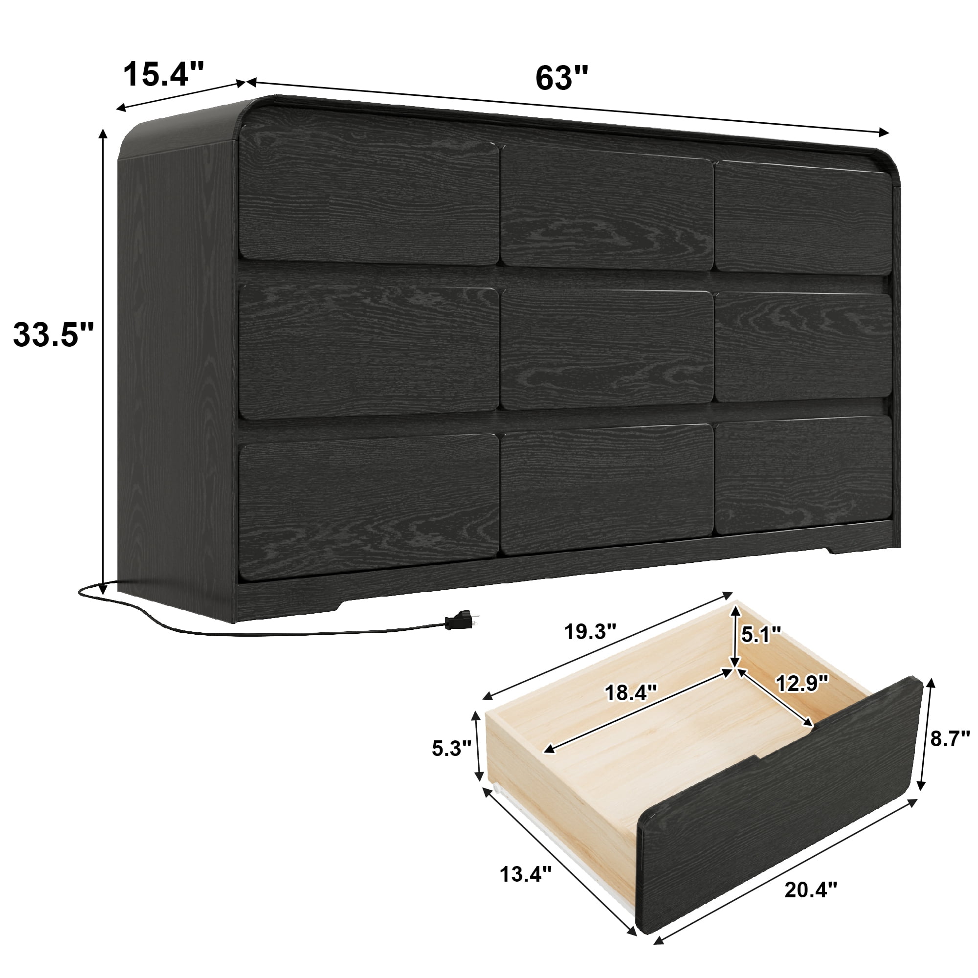 ANPOO 9 Drawers Dresser for Bedroom, 63"W Dressers & Chest of Drawers w/Power Outlet, Curved Design, Wood Mid Century Storage Cabinet, Natural Texture, for Bedroom, Hallway, Black