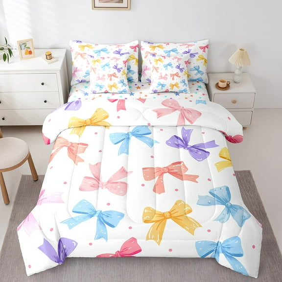 Erosebridal Colorful Bowknot Bed in a Bag Twin size, Cartoon Rainbow Bedding Twin Size, Cute Polkadot Reversible Comforter Sets with Sheets, Microfiber Room Decor, 7-Piece