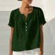 thumbnail image 4 of Craaazy Women's Casual V Neck Blouse, Solid Color Short Sleeve Cotton Linen Top, Loose Fit Comfy Henley Tunic for Daily Wear Gifts, 4 of 9