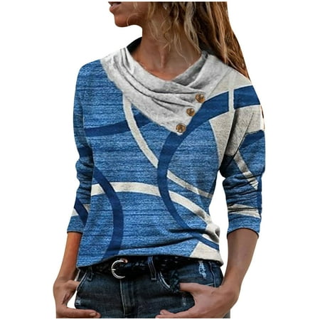 

Ziloco Women Casual Cross Skew Collar Buttons Printed Long Sleeve Blouse T-shirt Tops corset tops for women womens workout tops Blue XXL