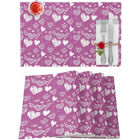 Valentines Placemats Love Heart with Wing Valentines Day Place Mats for Dining Room Romantic Sweet Love Purple Washable Table Mats for Kitchen Dining Decorations Set of 4
