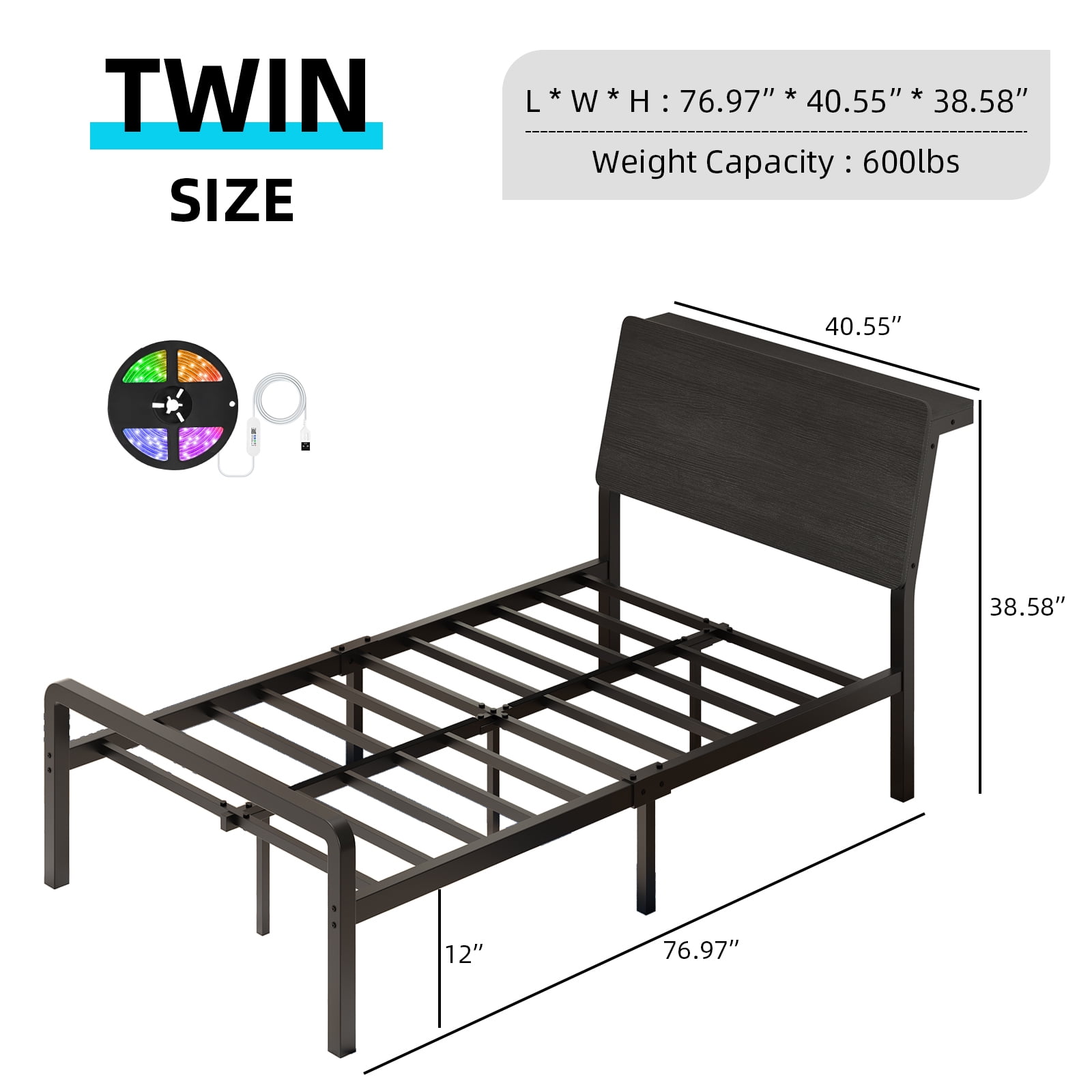 4 EVER WINNER Twin Bed Frame with Storage Headboard and LED Light, Metal Platform Bed Frame with Wooden Headboard, No Box Spring, Black