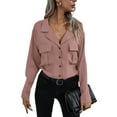 thumbnail image 3 of VISgogo, blusas de chifón salvaje a la moda para mujer, camisa de un solo pecho con cuello vuelto de Color sólido, Tops informales de manga larga para oficina para mujer VISgogo  moda, 3 of 8