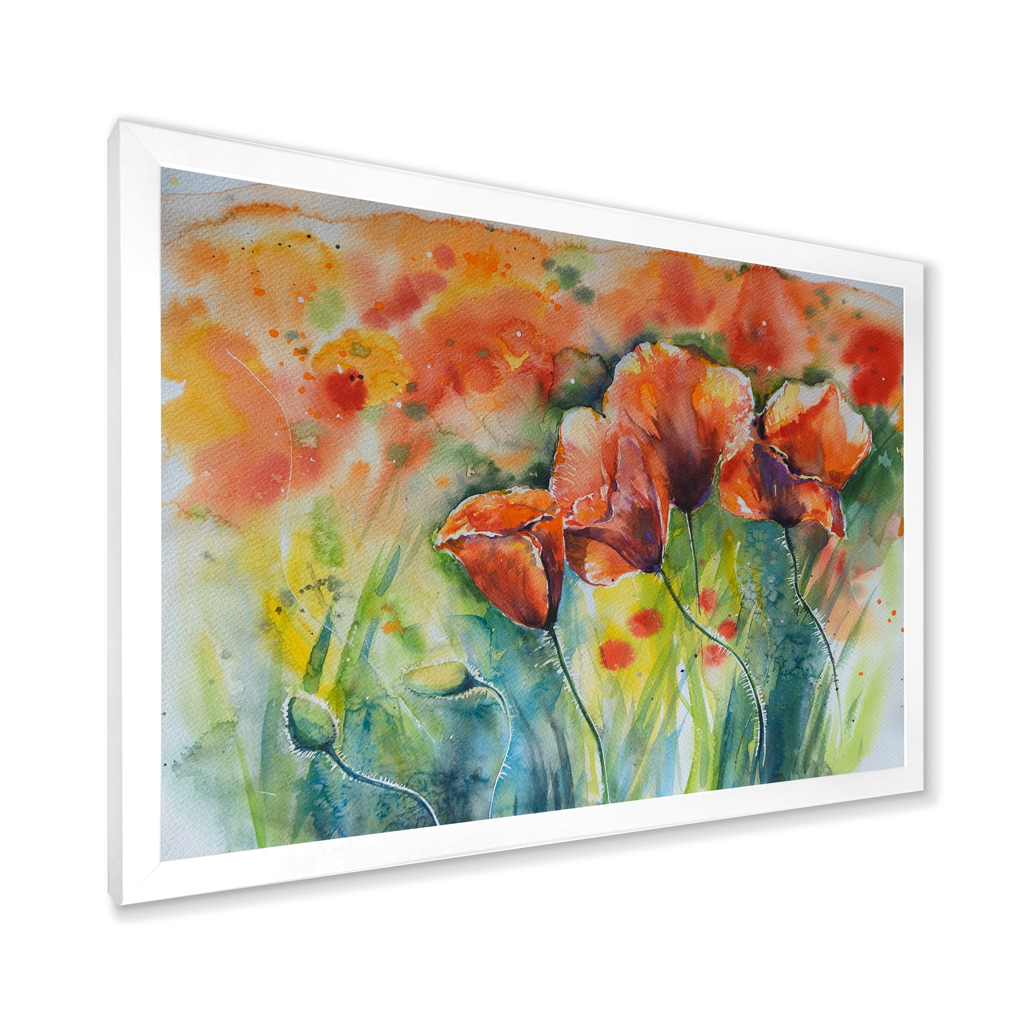 Designart 'Red Blossoming Poppies Over Wild Green IV' Traditional Framed Art Print