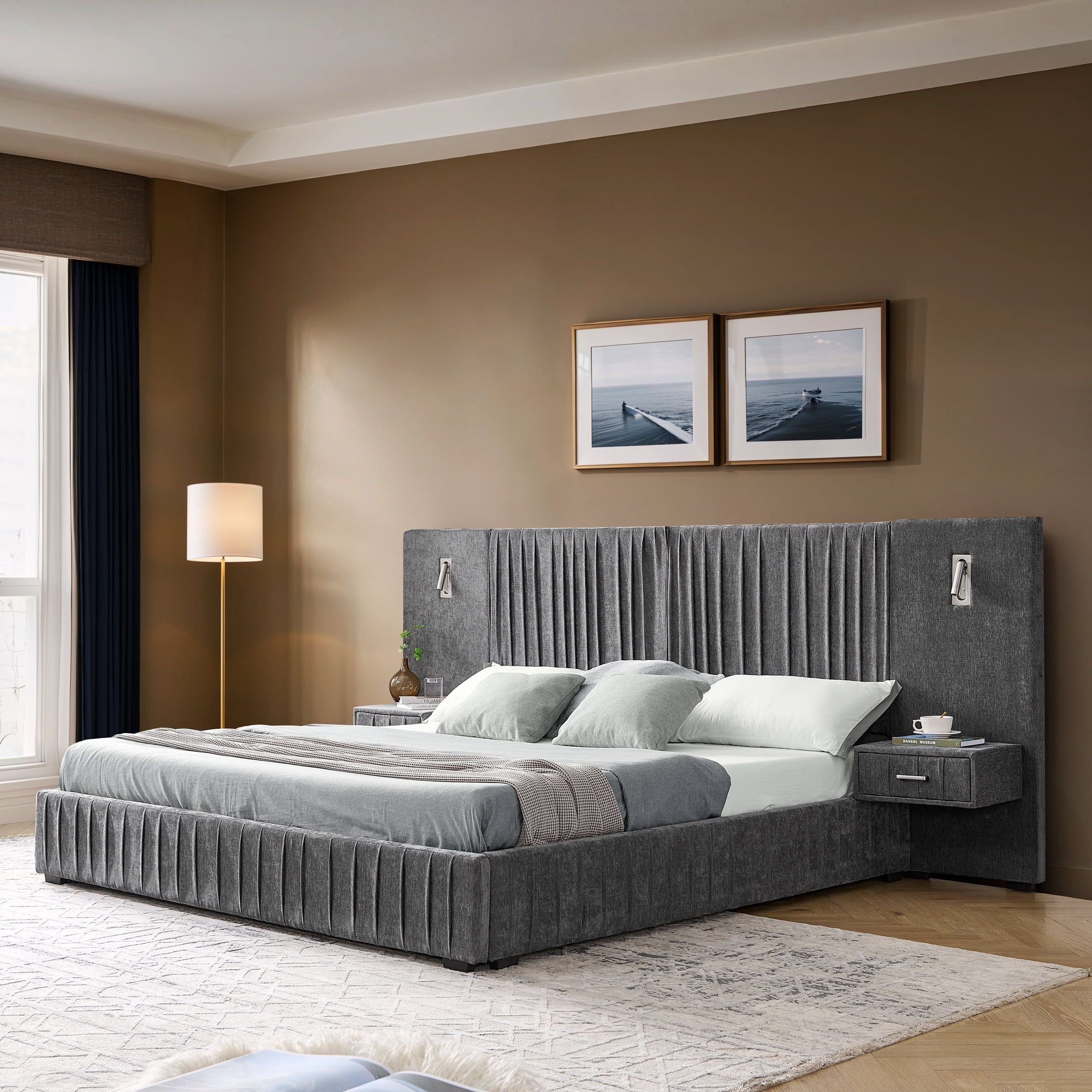 Ffz Queen Size Upholstered Bed Frame With Chenille Fabric With Pleated Design