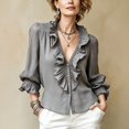 Sorvello Womens Ruffle Front Woven Blouse V Neck Button Down Puff ...